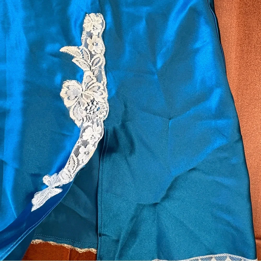Frederick's of Hollywood Lace‎ Trim Satin Chemise Womens L Teal Blue